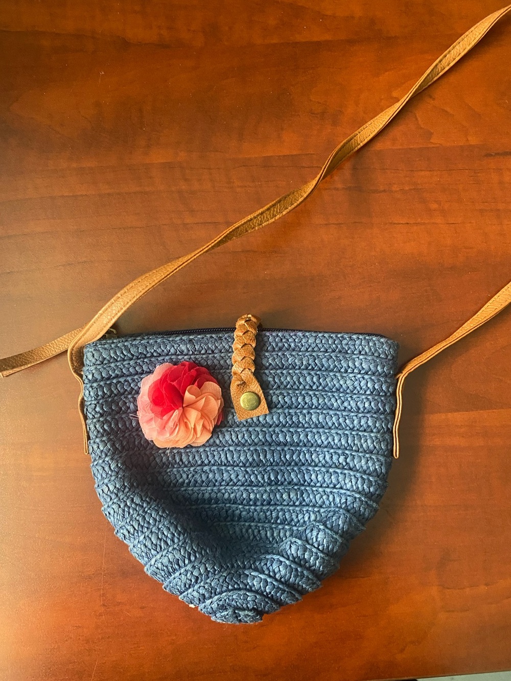 Kids Blue Crochet Crossbody Bag with Pink Flower Accent